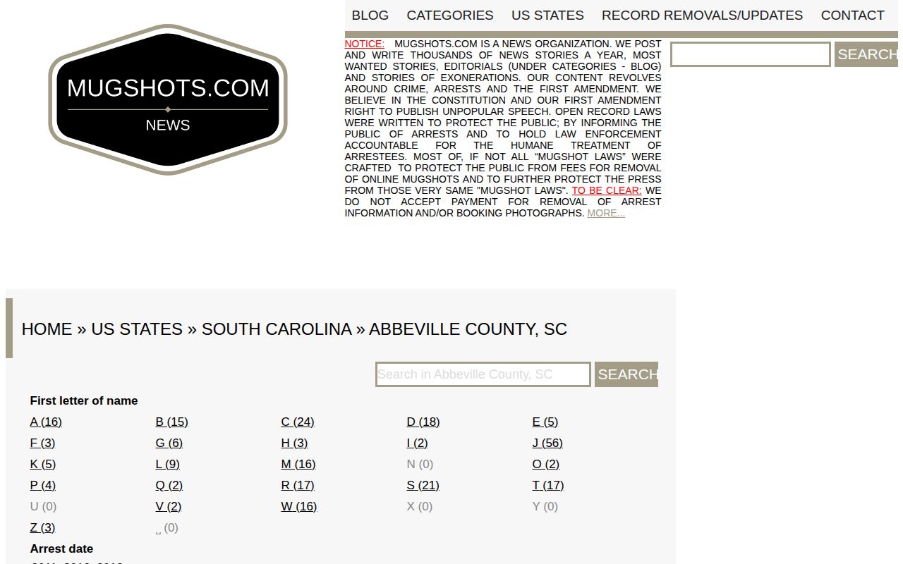Abbeville County historical mugshot archive interface from Mugshots.com