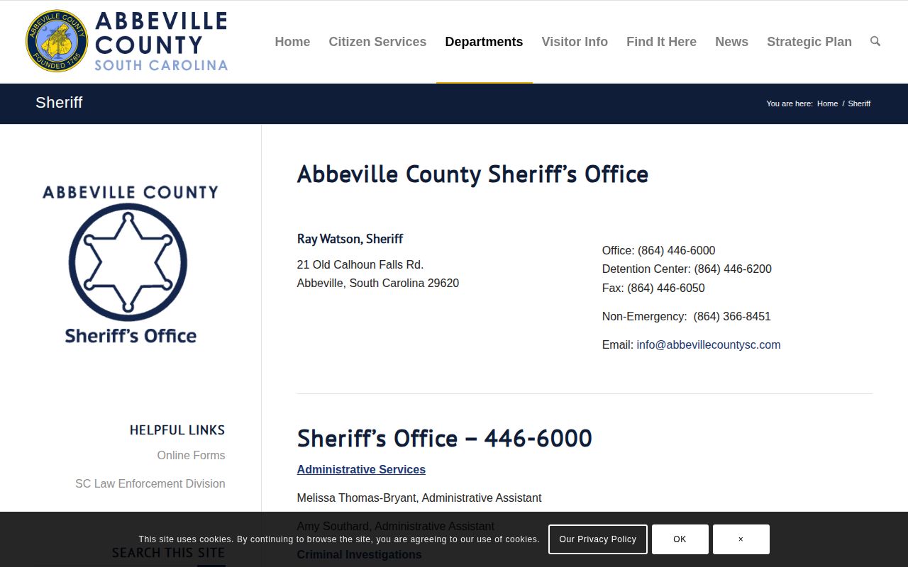 Abbeville County Sheriff's Office official contact page for detention record access