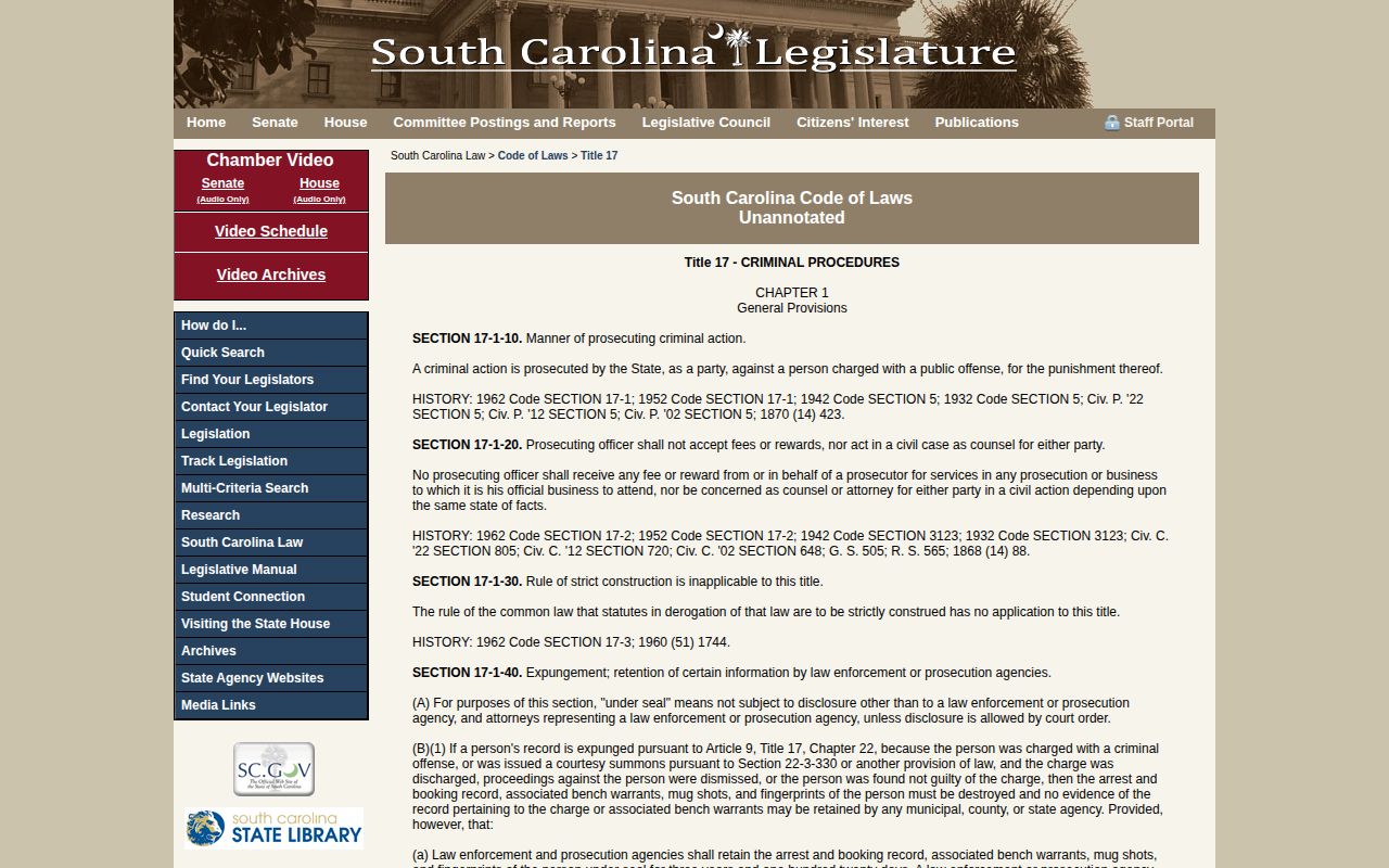 Abbeville County arrest and booking record law on the South Carolina Code page
