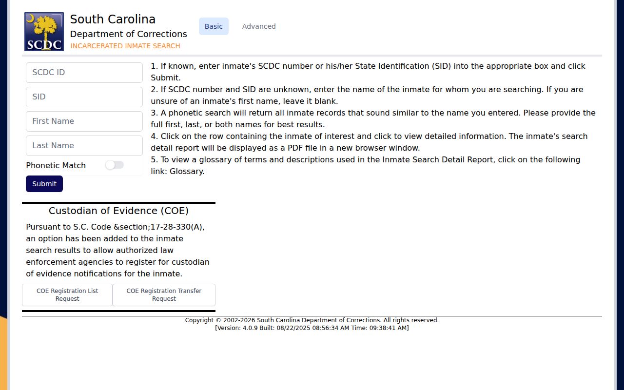 Abbeville County state custody record search at South Carolina Department of Corrections